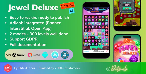 Jewel Deluxe – Unity Complete Project (300 Levels + Android/iOS + AdMob Ready)